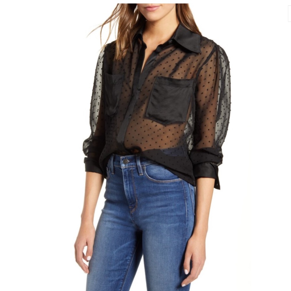 7 For All Mankind Sheer Swiss Dot Button Down Shirt Jet Black
